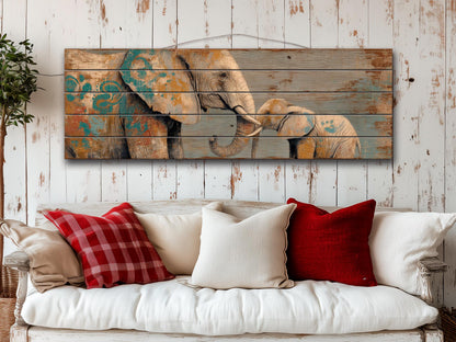 Loving Mother Elephant with Calf on Rustic Wooden Slats, Elephants Wall Art, Elephants Painting, Elephants Print on Wood, Wood Wall Art