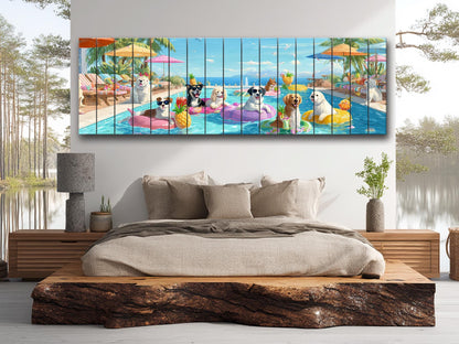 Dog Pool Wall Art – Colorful Summer Dog Print on Natural Wood – Playful Party Scene