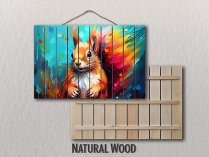 Wood Wall Art - Colorful Squirrel Abstract Painting on Natural Wood Planks