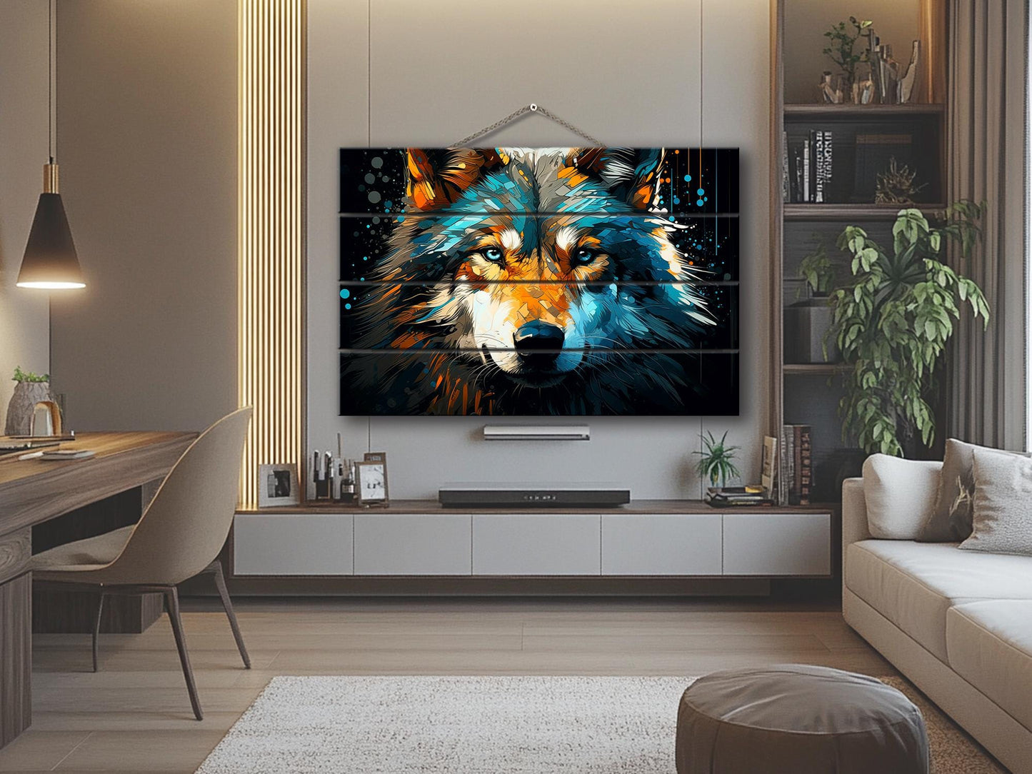 Wolf Painting Wood | Abstract Wolf Portrait on Natural Wood Plank Art - Modern Hunter Gift