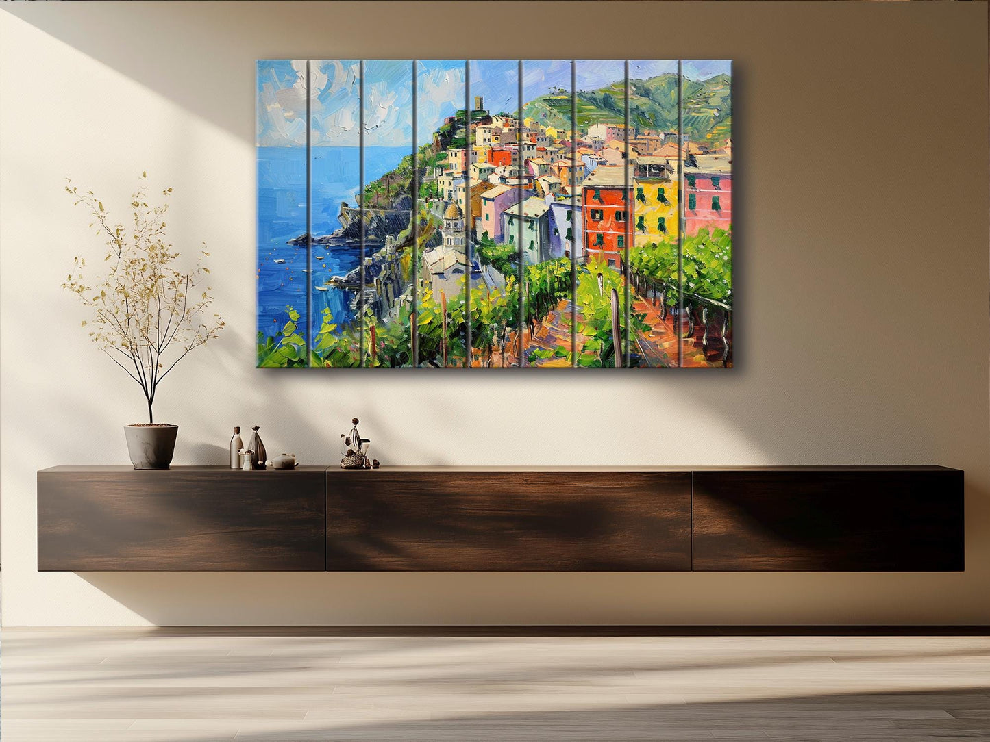Corniglia, Cinque Terre Painting Printed on Natural Wood, Liguria, Italy Wall Art, Scenic Corniglia Wood Print, Italian Wall Decor