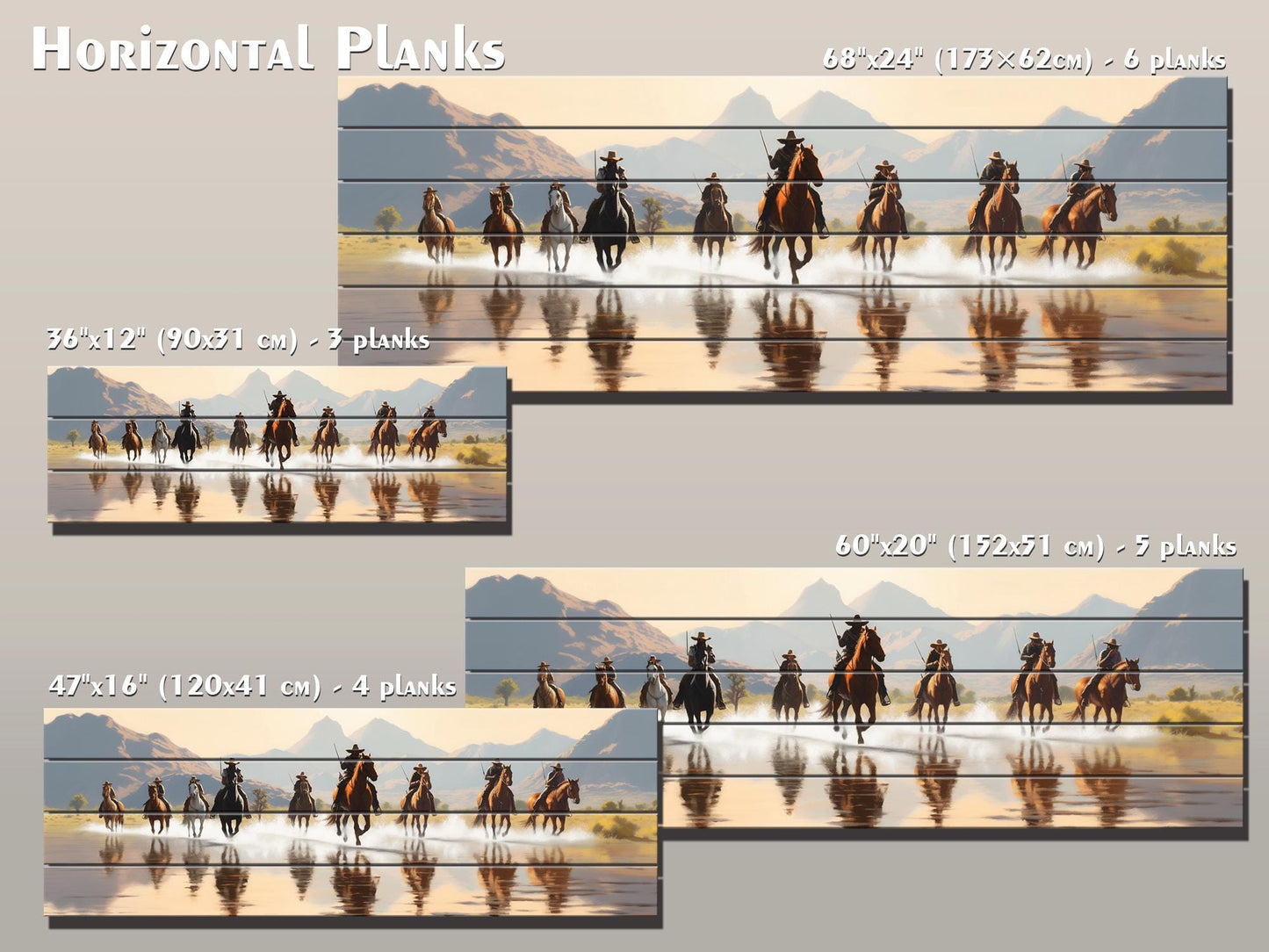 Retro Style Cowboys on Horses Print On Natural Wood -Wild West Wall Art