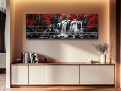 Wood Wall Art – Abstract Black White Waterfall Red Forest Print on Natural Wood