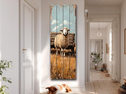 Rustic Wood Wall Art – Sheep Printed on Natural Wood Art – Rustic Farm Wall Decor – Folk Style Animal Print on Wood, Farmhouse Wall Art