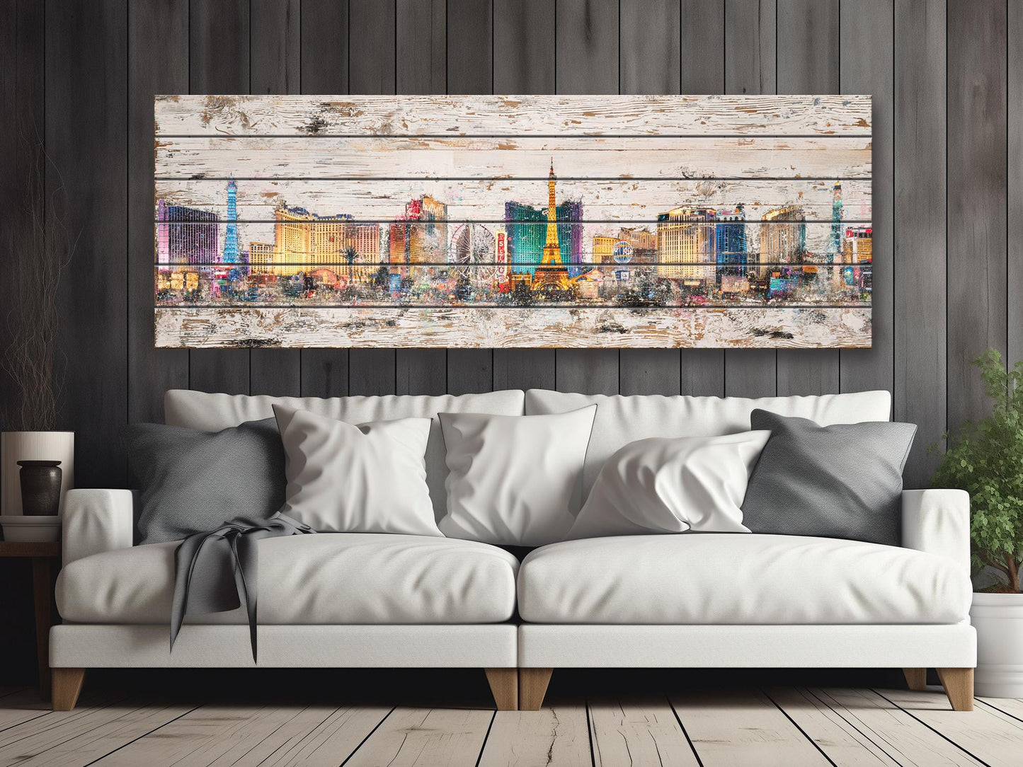 Rustic Las Vegas Painting – Panoramic Wood Wall Art with Neon Lights Print