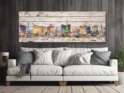 Rustic Las Vegas Painting – Panoramic Wood Wall Art with Neon Lights Print