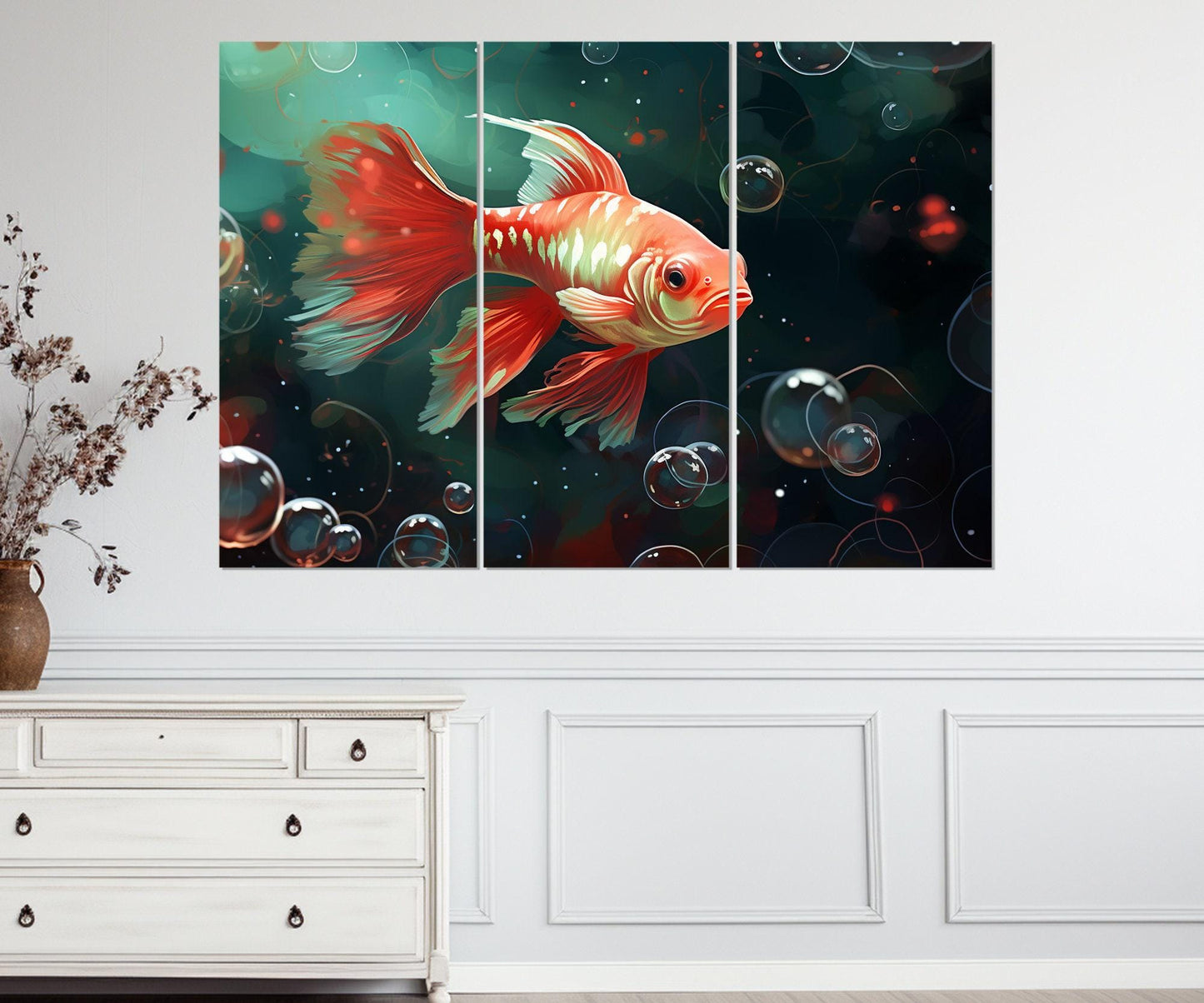 Gold Fish Wall Art – Abstract Fish Painting on Gallery Wrapped Canvas, Ready to Hang