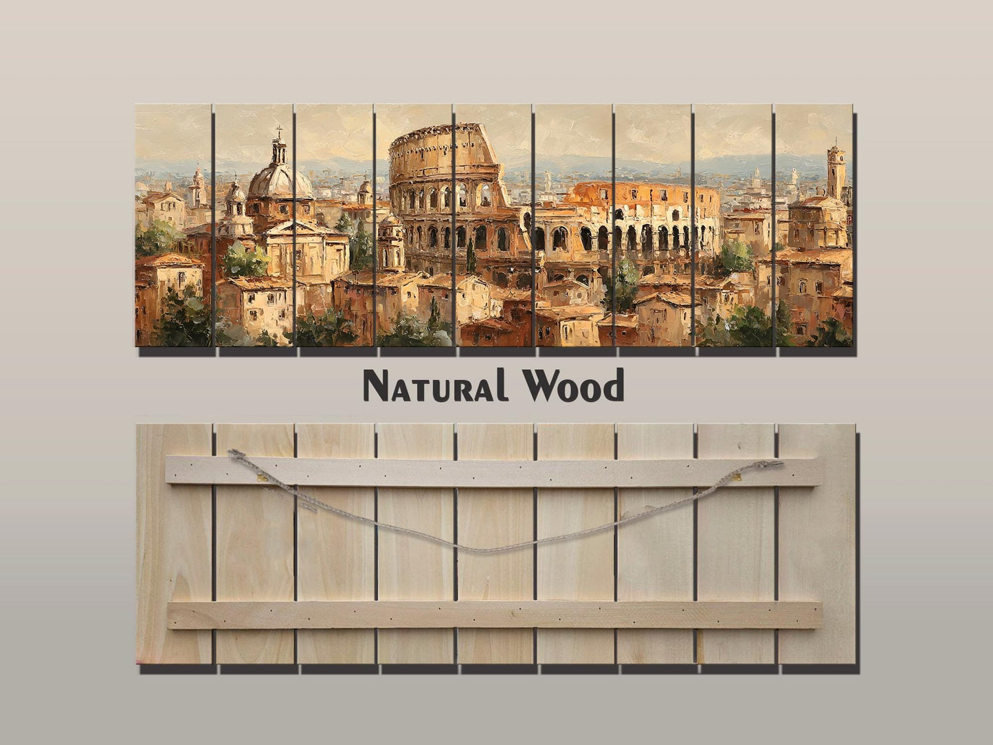 Rome Skyline Wood Print – Rustic Wood Art | Colosseum Painting Beige Wall Decor