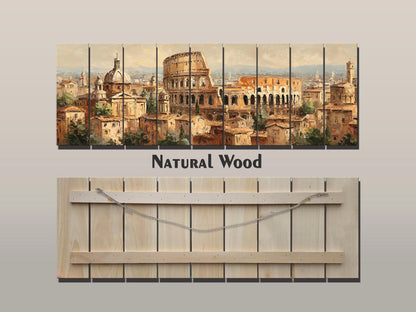 Rome Skyline Wood Print – Rustic Wood Art | Colosseum Painting Beige Wall Decor
