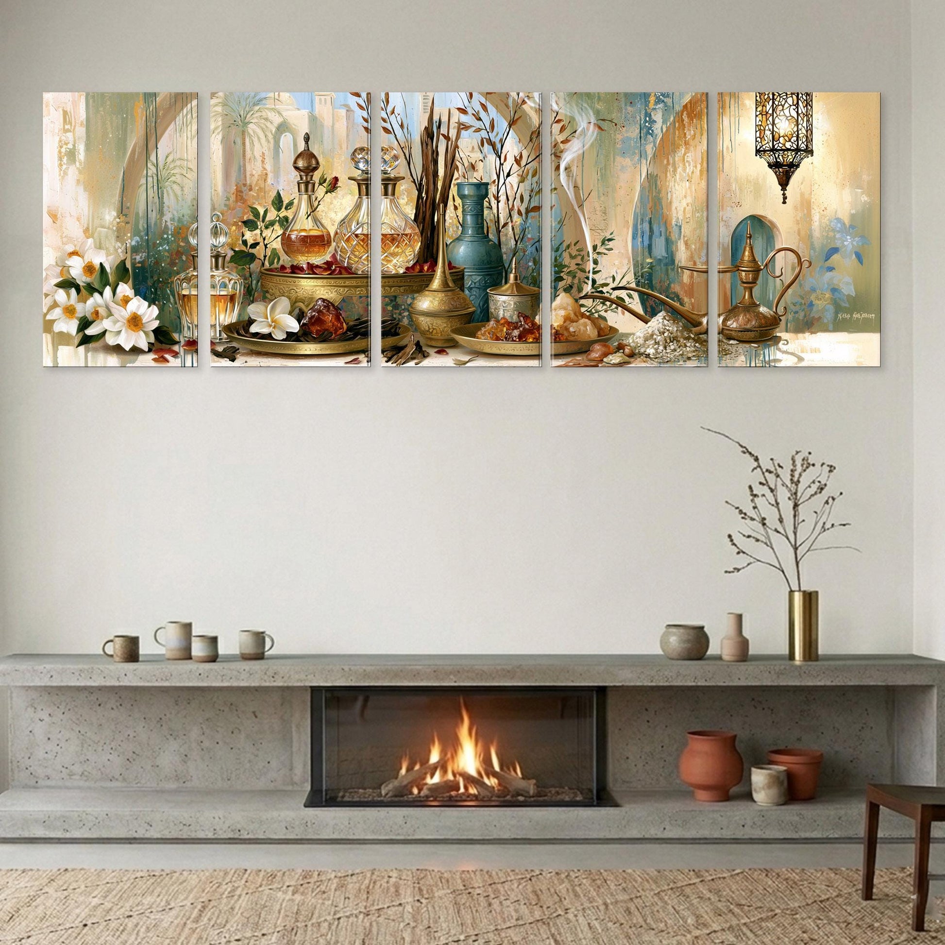 a cozy living room with a fireplace, a mantle, and various decorative items such as vases, cups, and a potted plant.