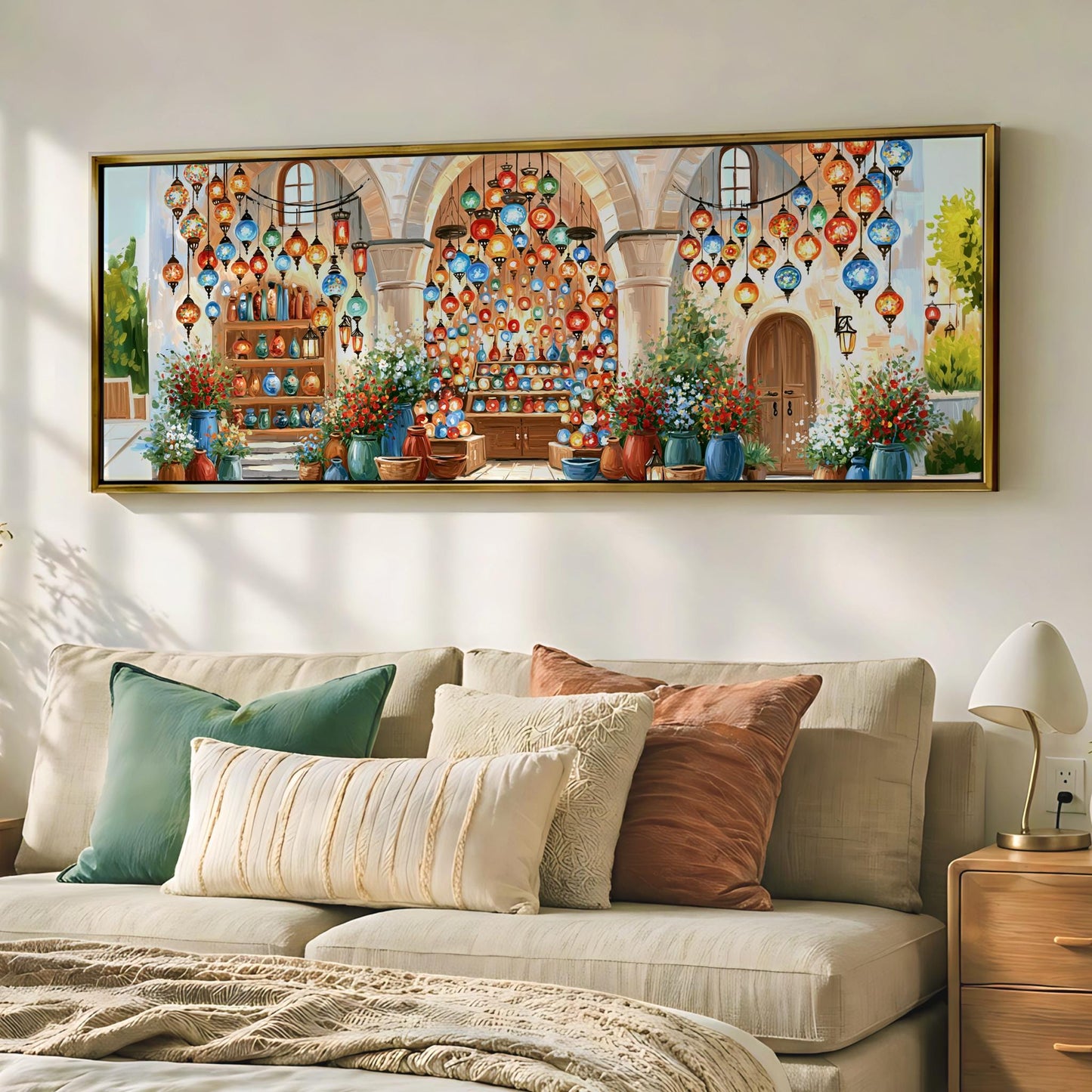 a large, colorful painting of a building with hanging lanterns and flowers, displayed on a wall above a beige couch with pillows.