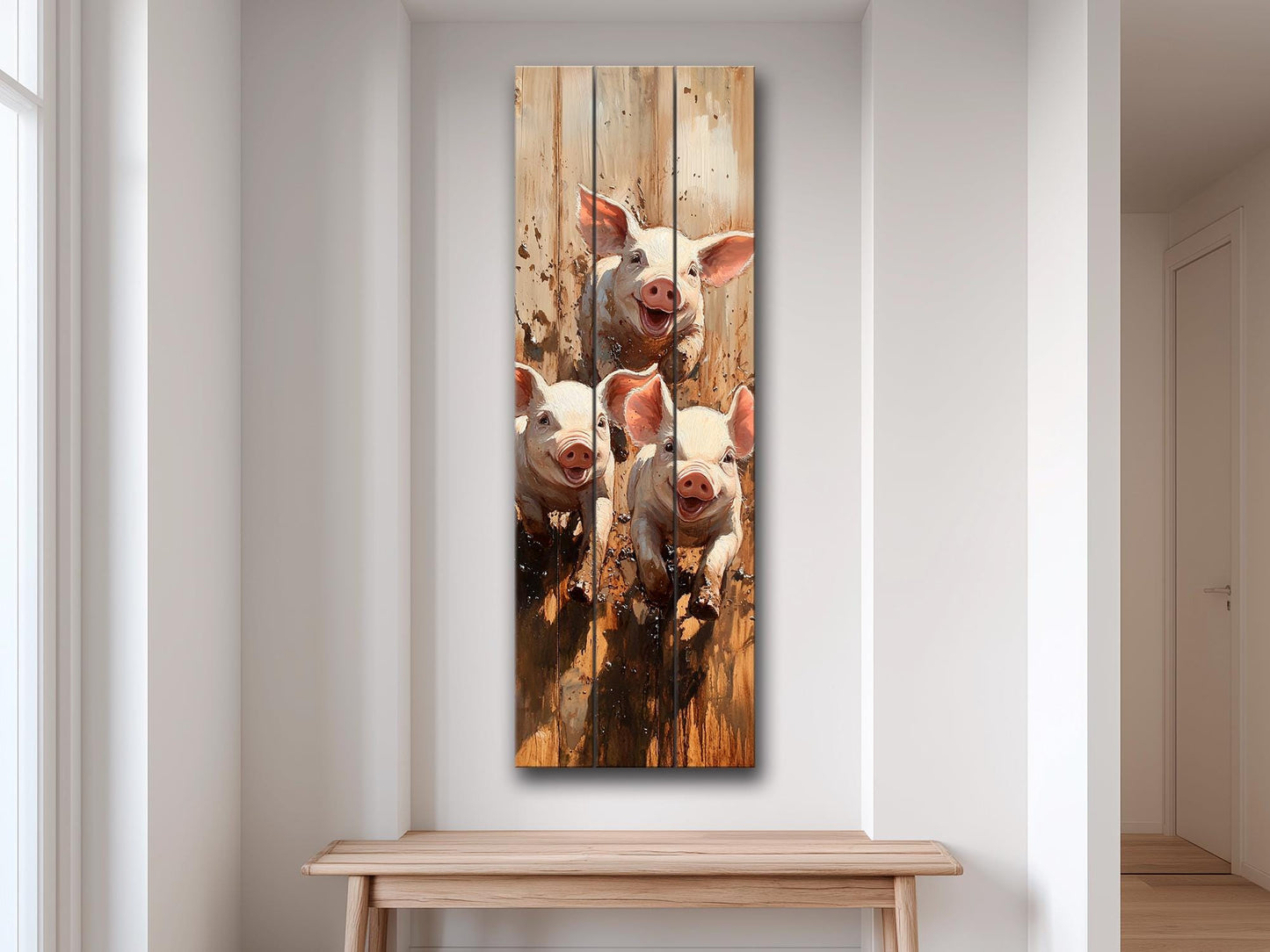 Playful Piglets in Muddy Pen Painting Printed on Natural Wood – Farm Animal Print on Rustic Linden Wood with Sunshine and Country Colors