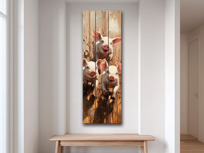 Playful Piglets in Muddy Pen Painting Printed on Natural Wood – Farm Animal Print on Rustic Linden Wood with Sunshine and Country Colors