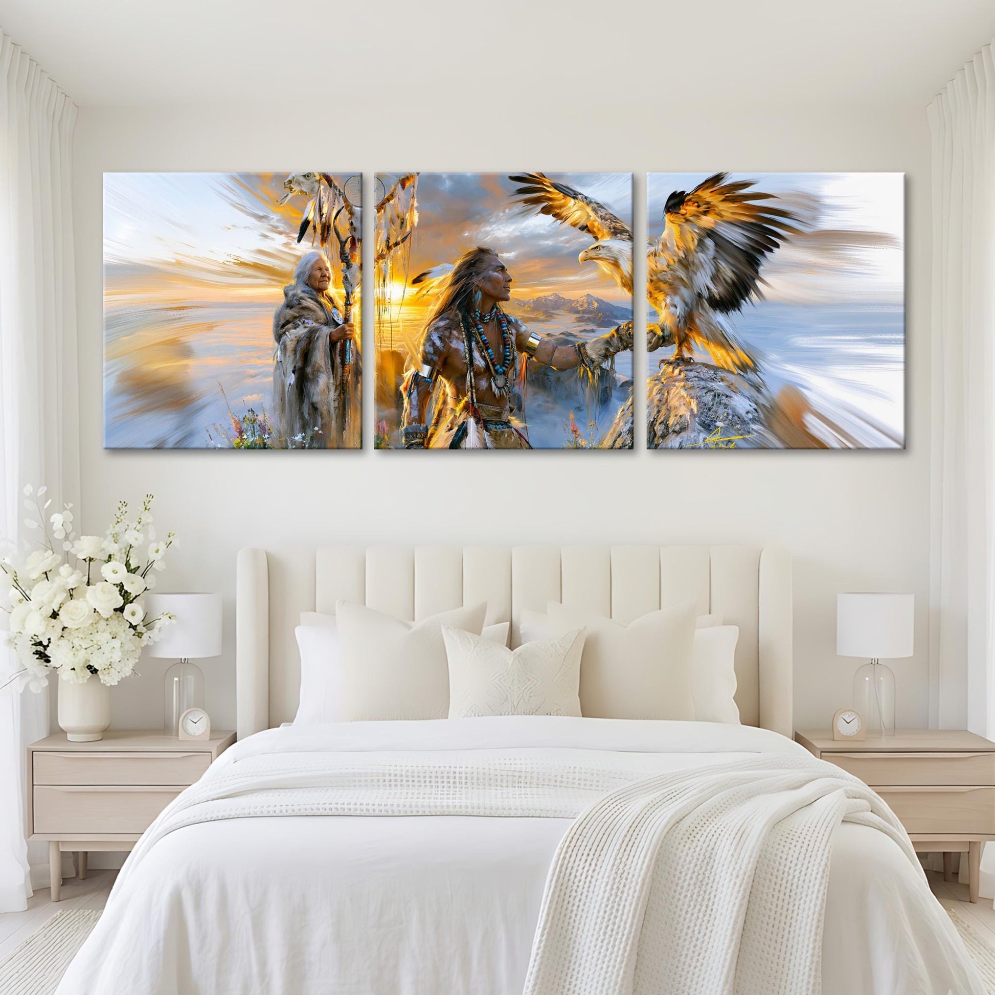 a large, three-panel artwork depicting Native American people in a serene, natural setting.