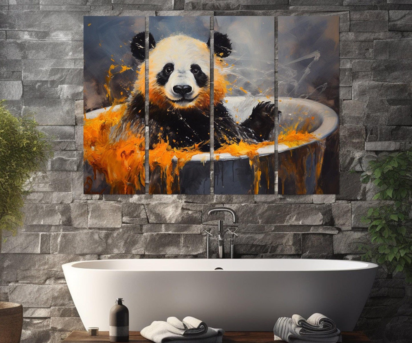 Cute Panda in the Bathtub Painting Canvas Print, Bathroom Wall Art, Bathroom Wall Decor, Nursery Canvas Art, Baby Room Decor