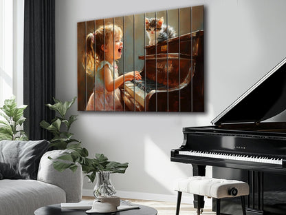 Wooden Piano Wall Art – Happy Girl Playing Piano Print on Natural Wood Plank