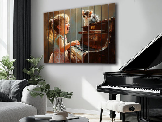 Wooden Piano Wall Art – Happy Girl Playing Piano Print on Natural Wood Plank