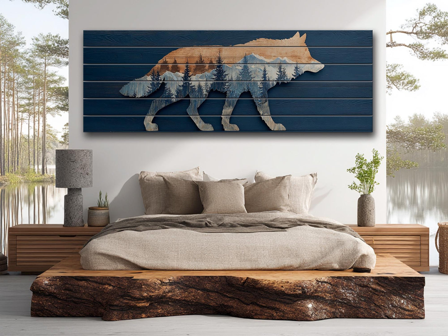 Wolf Silhouette with Forest Print on Natural Wood, Rustic Hunting Wall Art