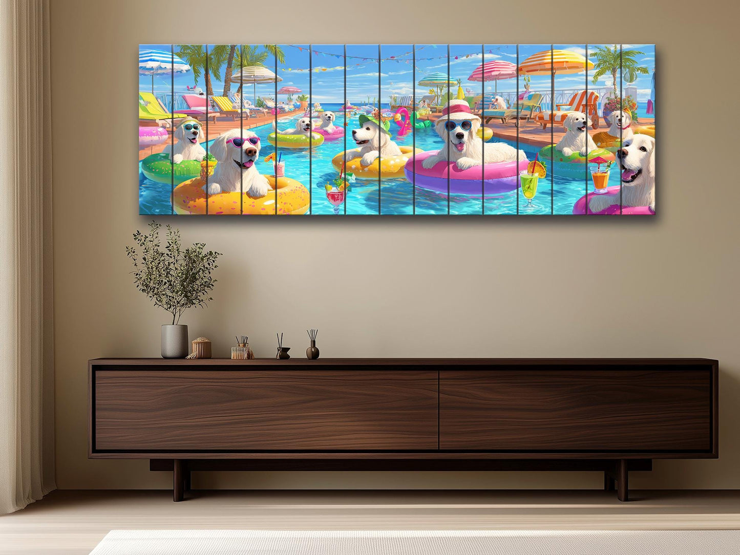 Golden Retriever Wall Art – Playful Pool Party Dog Print on Rustic Wood