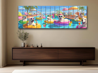 Golden Retriever Wall Art – Playful Pool Party Dog Print on Rustic Wood