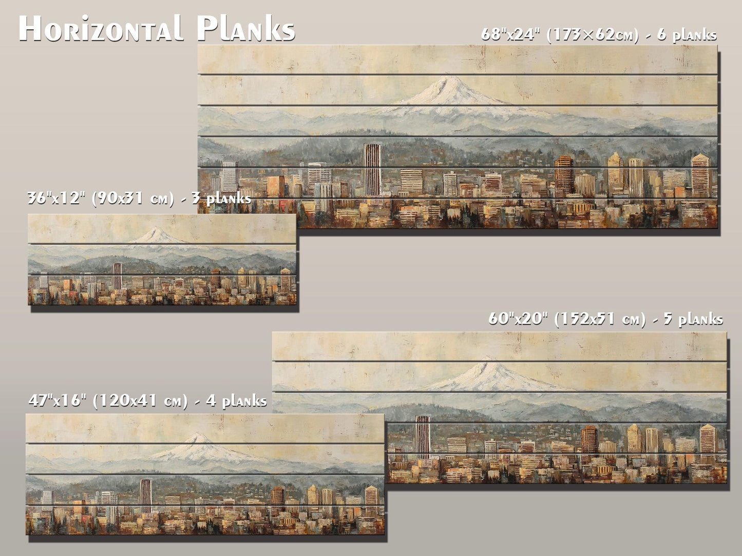 Portland Skyline Wood Print – Rustic Wood Art with Mount Hood Beige Cityscape