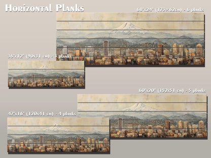 Portland Skyline Wood Print – Rustic Wood Art with Mount Hood Beige Cityscape