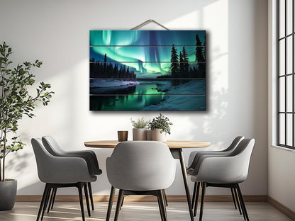 Northern Lights Wall Art – Wooden Wall Decor with Aurora Borealis Landscape