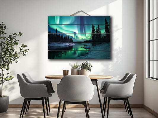 Northern Lights Wall Art – Wooden Wall Decor with Aurora Borealis Landscape