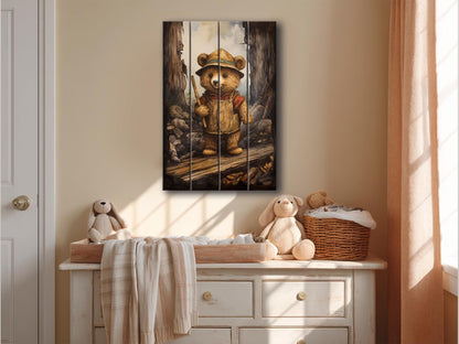 Rustic Hiking Bear Print on Natural Wood – Nursery Animal Wall Art