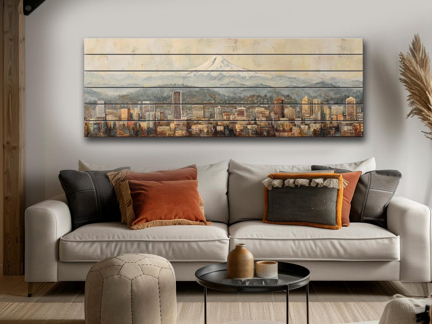 Portland Skyline Wood Print – Rustic Wood Art with Mount Hood Beige Cityscape
