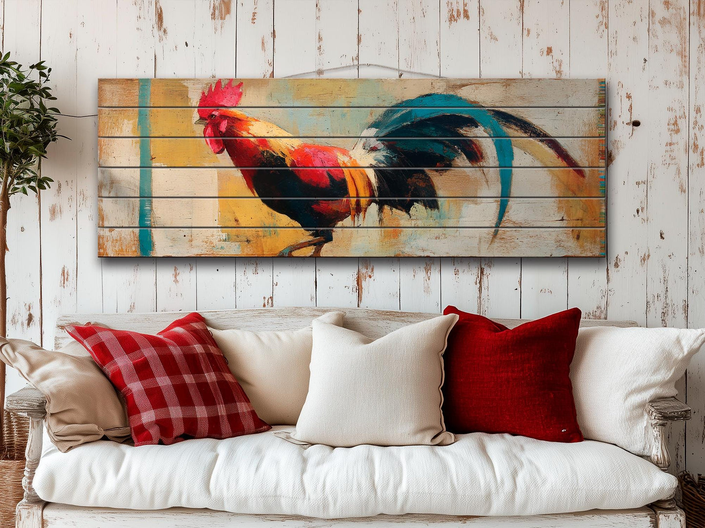 Rustic Rooster Print on Natural Wood, Rooster Painting, Chicken Farm Decor, Farmhouse Wall Decor, Wood Wall Art, Cozy Cabin Wall Decor