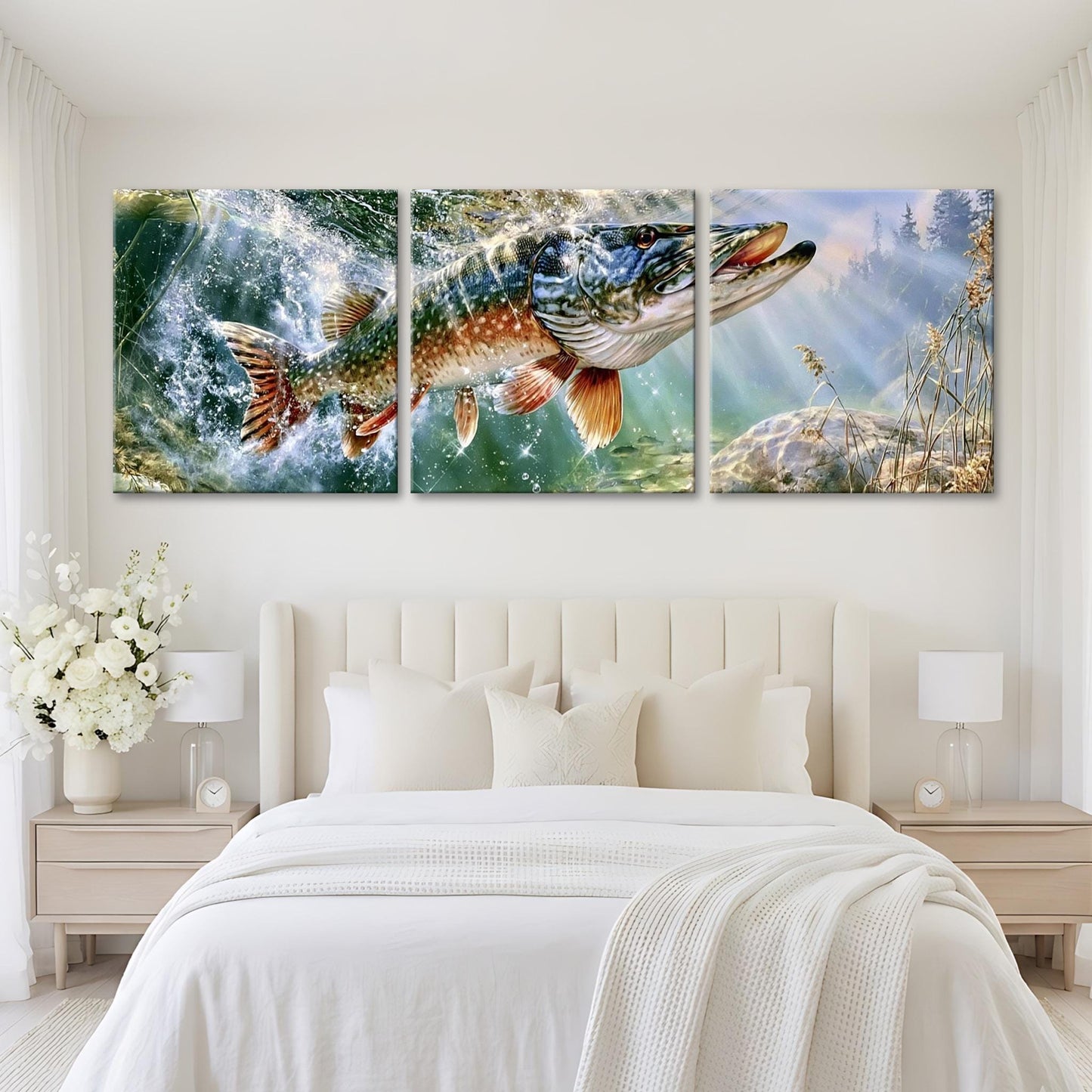 A large, three-panel painting depicting a fish swimming in a body of water, with a serene and natural background.