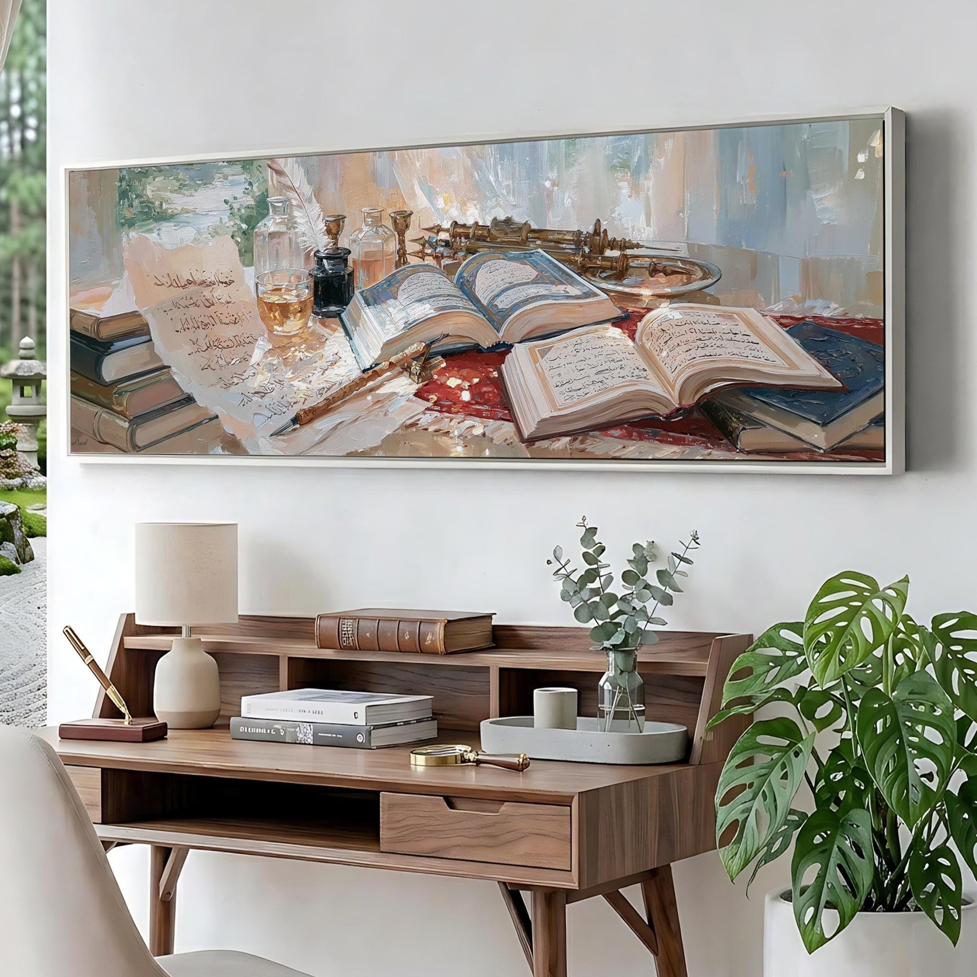 a large painting of a desk with various objects, including books, a lamp, and a plant, set against a white wall.