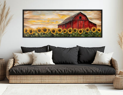 Rustic Farmhouse Wall Art – Sunflower Canvas Print with Old Barn Framed Canvas