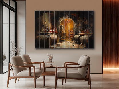 Wood Wall Art - Rustic Wine Cellar Painting on Natural Wood Plank Art