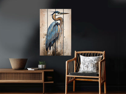 Heron Print on Natural Wood – Oil Painting Style Rustic Cabin Wall Art
