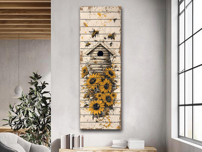 Rustic Wood Wall Art – Beehive Wood Print with Sunflower Floral Decor – Farmhouse Style