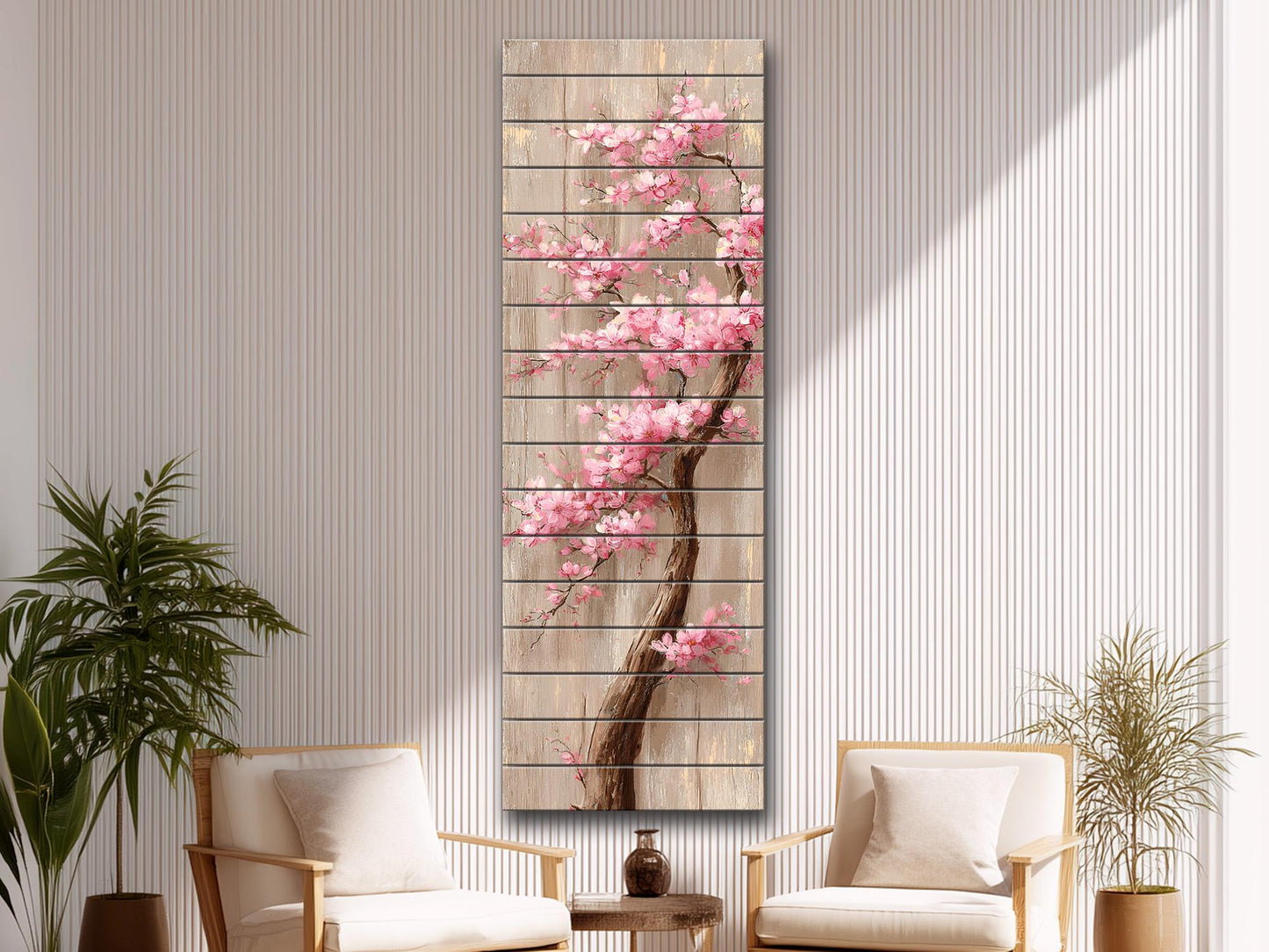 Cherry Blossom Tree with Cascading Pink Flowers Print on Natural Wood, Floral Wall Decor, Rustic Sakura Tree Painting, Floral Wall Art