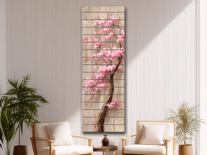 Cherry Blossom Tree with Cascading Pink Flowers Print on Natural Wood, Floral Wall Decor, Rustic Sakura Tree Painting, Floral Wall Art