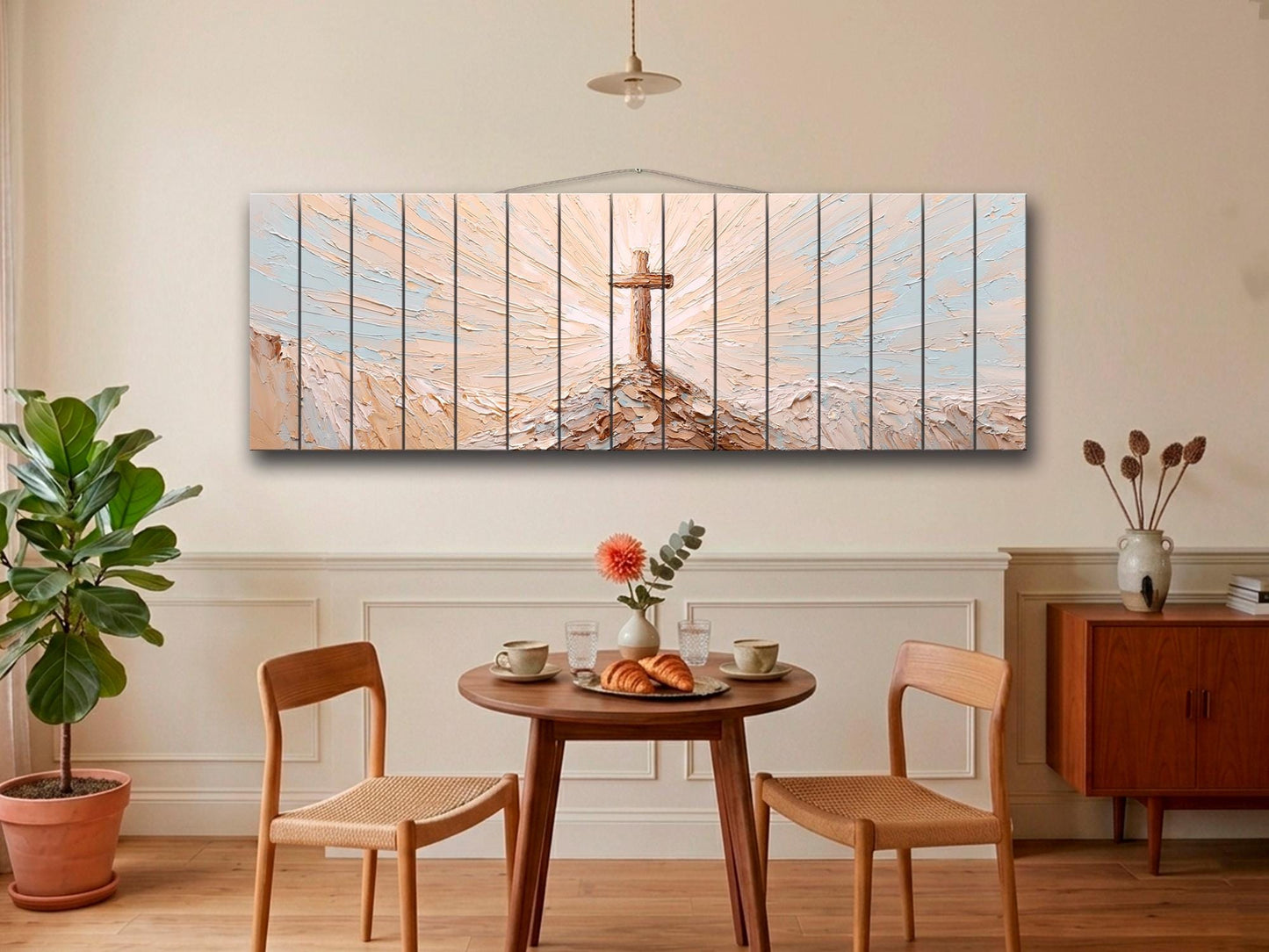 Wooden Cross on Mountain Peak Wood Print Wall Art, Religious Wall Decor