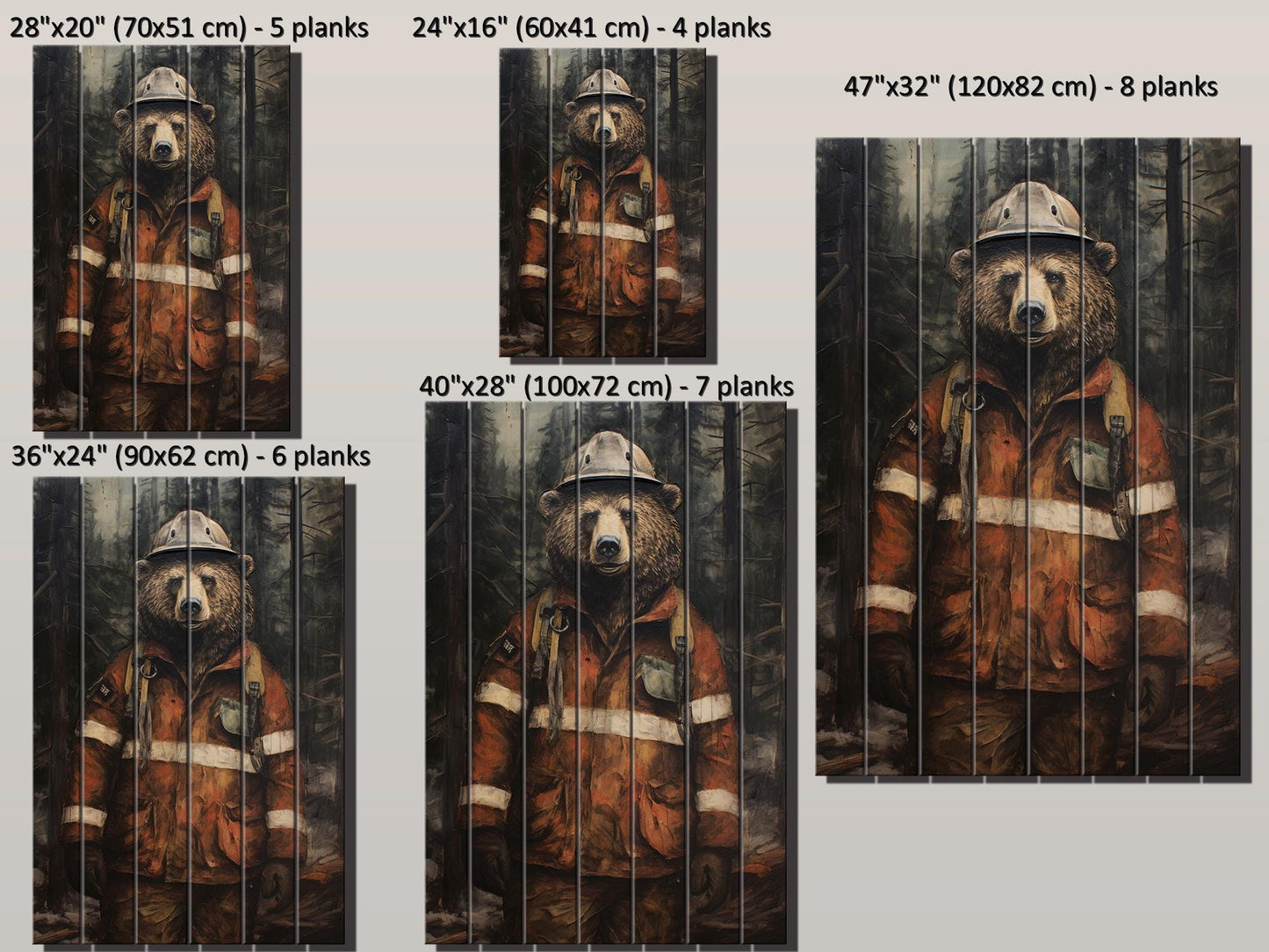 Rustic Fireman Bear Print on Natural Wood – Nursery Animal Wall Art