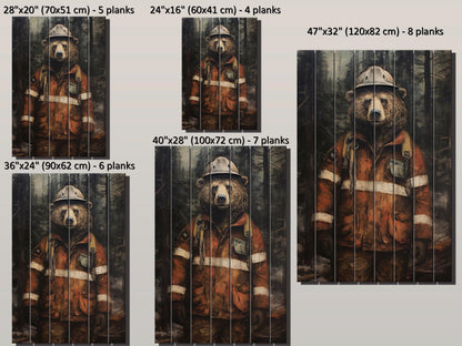 Rustic Fireman Bear Print on Natural Wood – Nursery Animal Wall Art