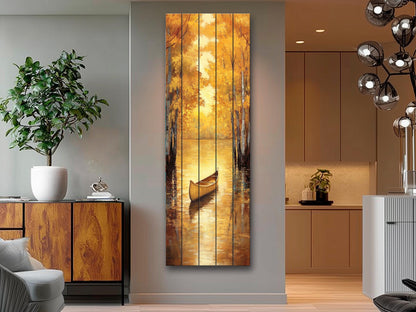 Canoe Painting Printed on Natural Wood – Golden Autumn Lake Scene – Rustic Cabin Wall Decor, Wood Wall Art
