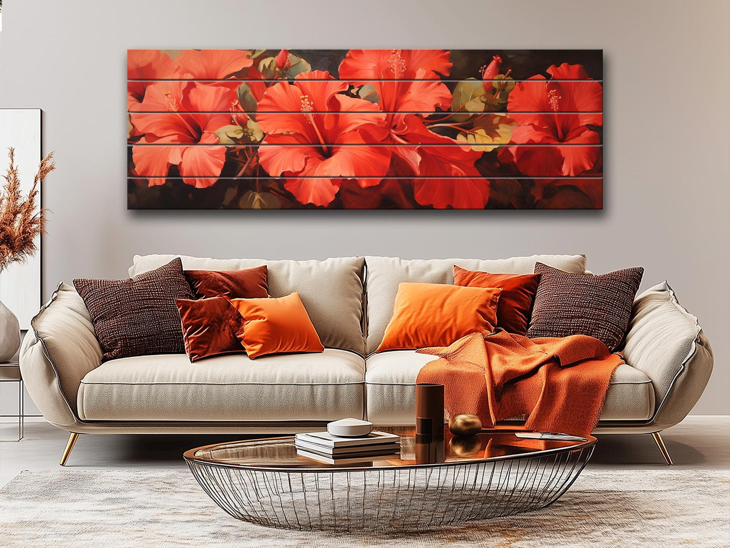 Red Hibiscus Wood Print – Natural Wood Wall Art | Impressionist Floral Decor