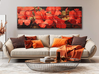 Red Hibiscus Wood Print – Natural Wood Wall Art | Impressionist Floral Decor