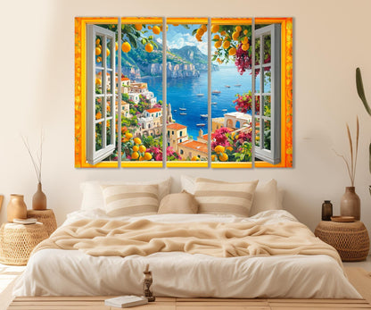 Open Window with Amalfi Coast Canvas Print, Amalfi Painting, Window to Italy, Amalfi Wall Art, Framed and Ready to Hang