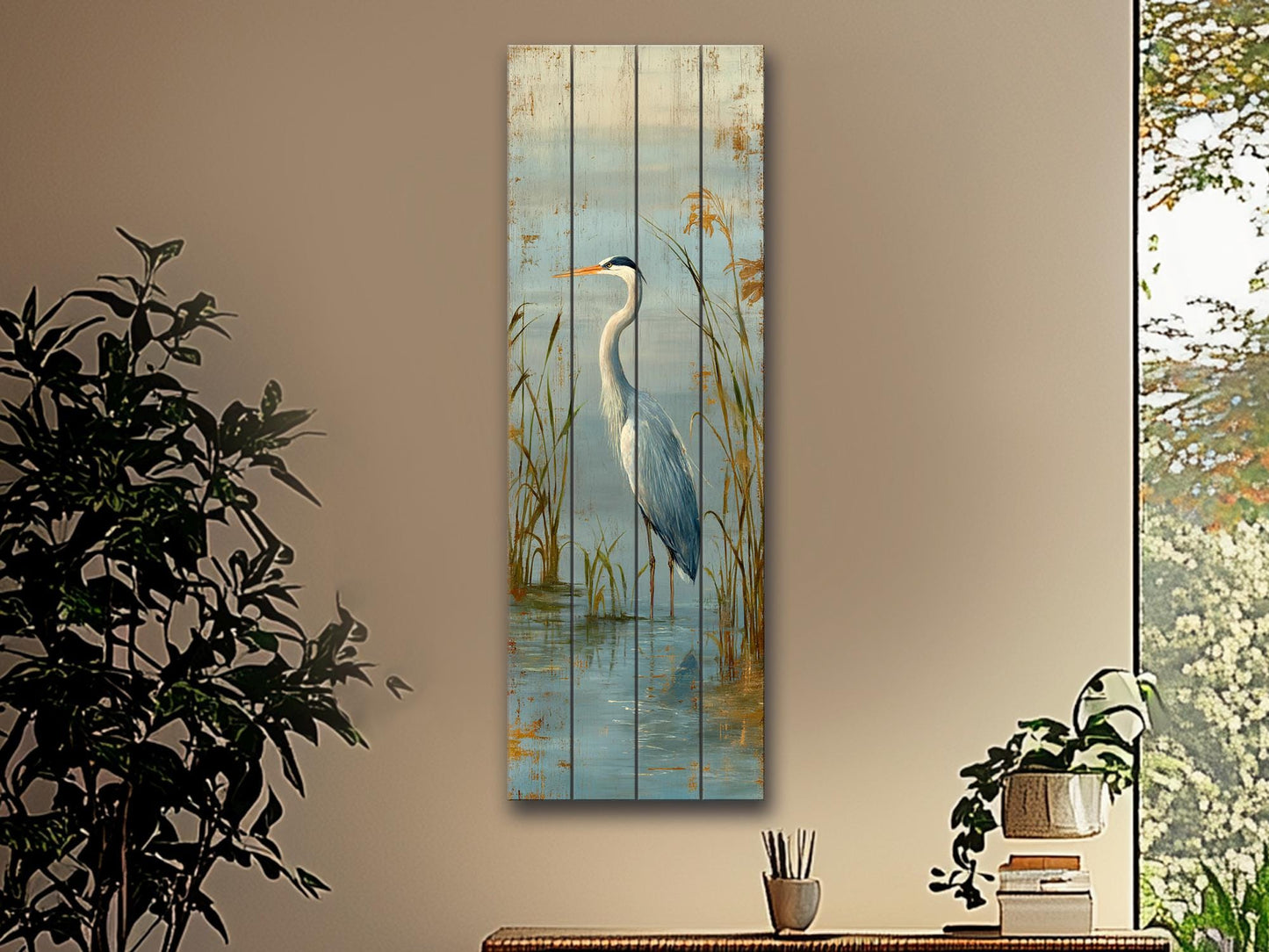 Wood Wall Art – Graceful Heron Print on Natural Wood Planks | Rustic Cabin Decor