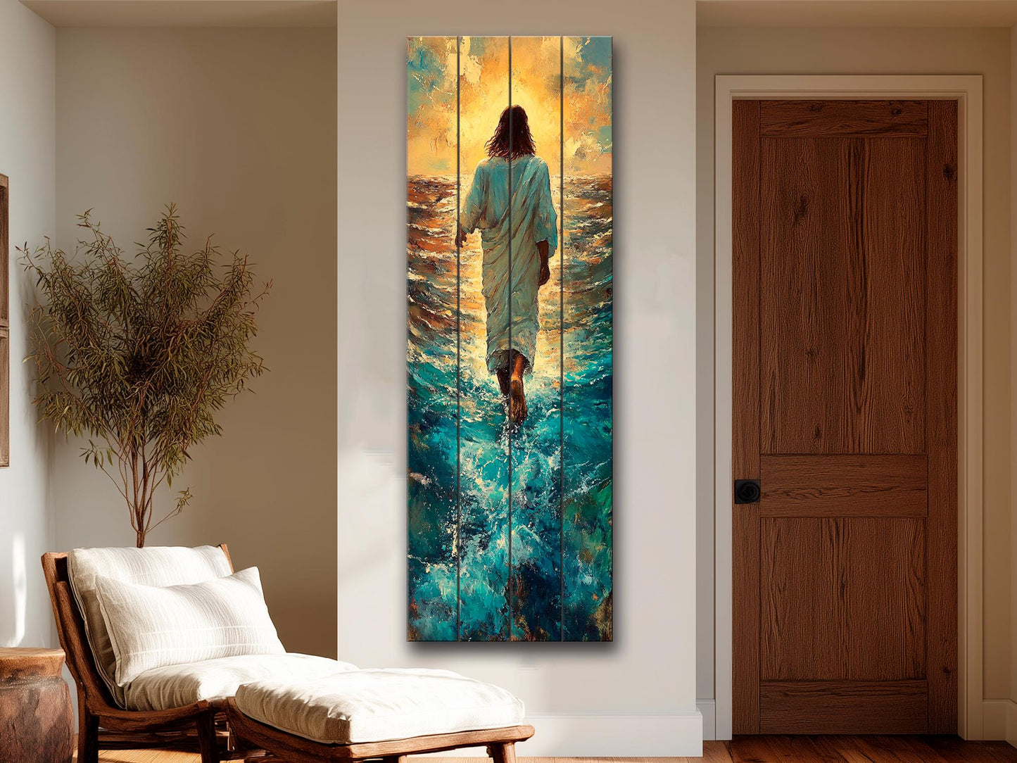 Wood Wall Art – Jesus Walking on Water Print on Natural Wood – Christian Rustic Print – Religious Wall Art, Biblical Wall Decor