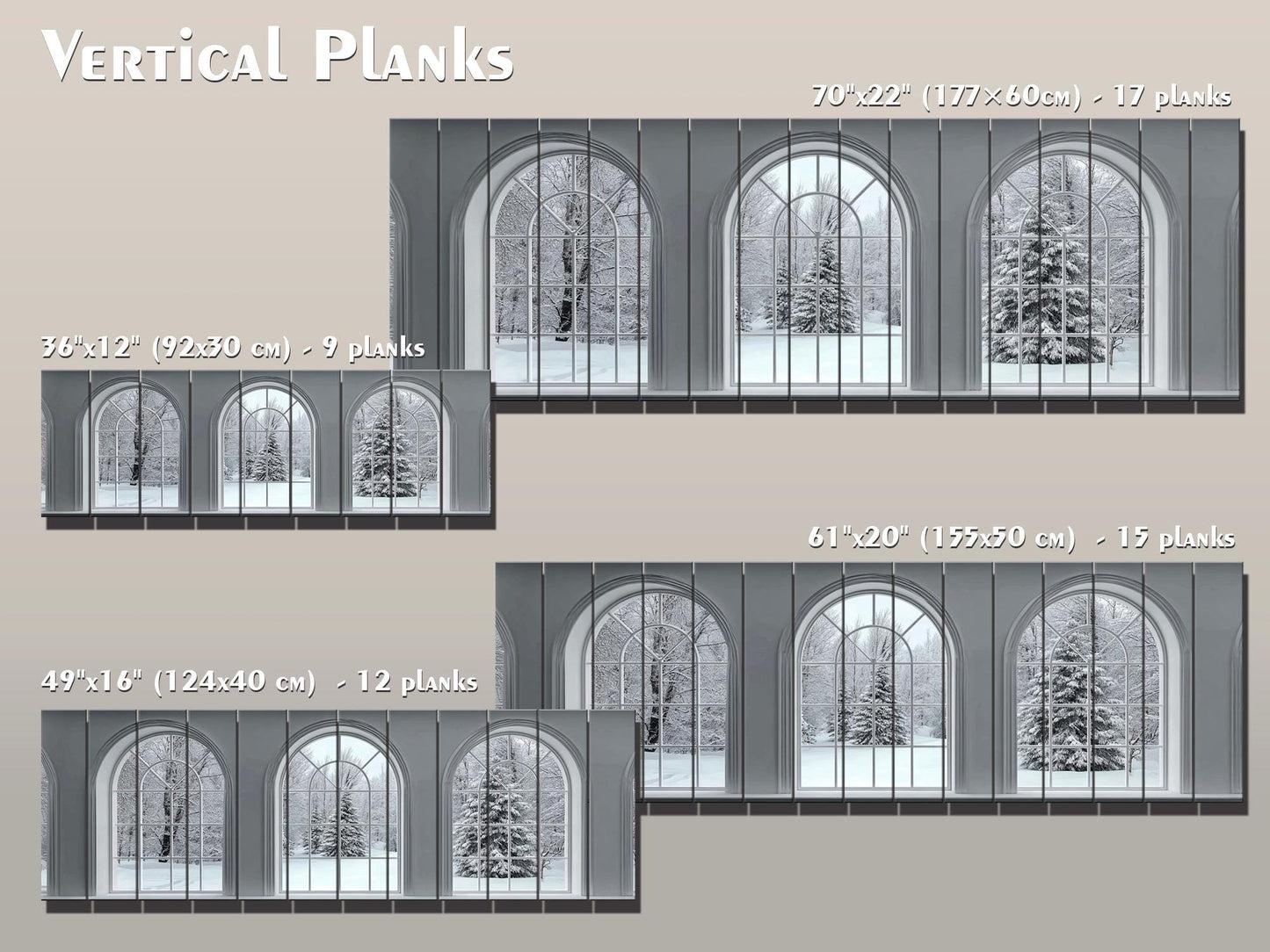 Winter Windows Print on Wood – Snowy Landscape Wall Art, Rustic White Arched Window Decor