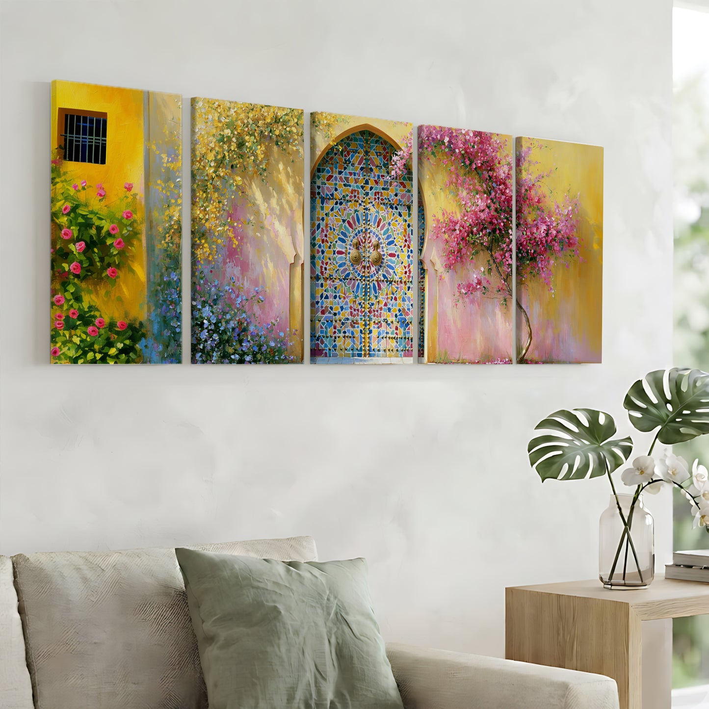 a living room with a large, colorful painting of a stained glass window hanging on the wall. The painting is composed of six panels, each depicting a different scene with vibrant colors and intricate designs. In the foreground, there is a couch and a small table with a vase of flowers, adding a touch of nature and elegance to the room.